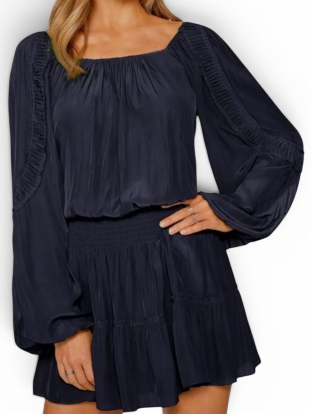 RAMY BROOK Smocked Waist Long Sleeve Silvey Mini Dress - Small